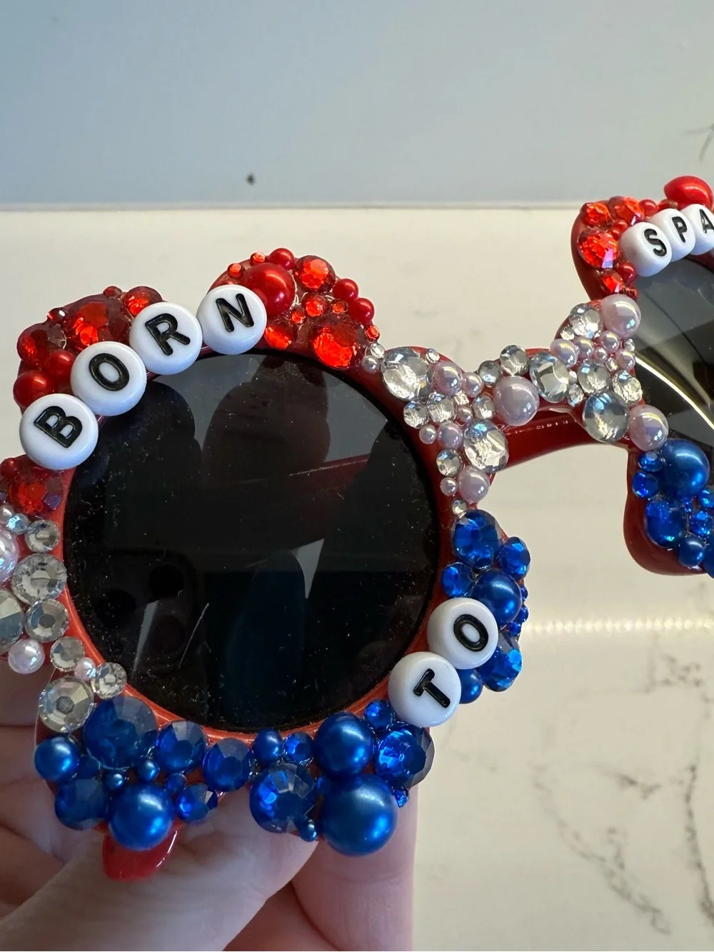 Embellished Round Sunglasses - Red, Blue, white/Silver